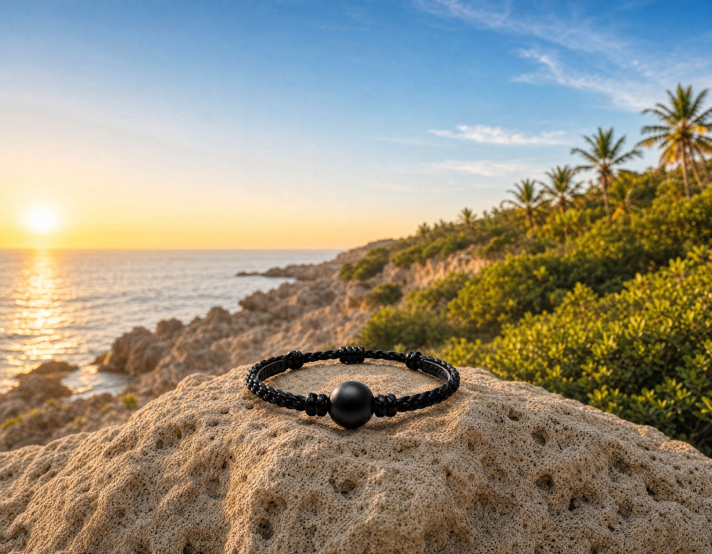 The Zinq band resting on a sandstone rock overlooking the ocean at sunset, palm-lined cliffs in the background