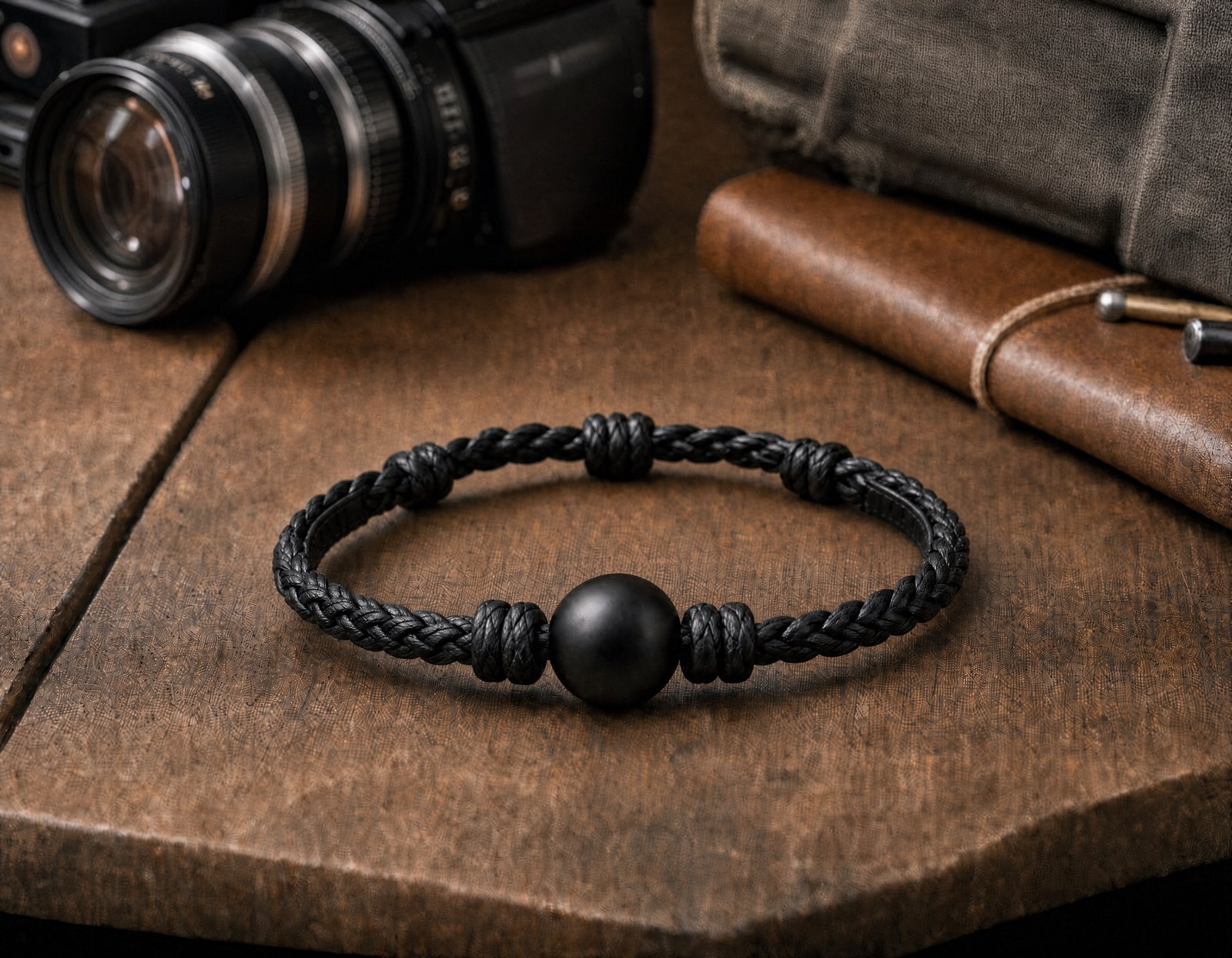 The Zinq band resting on a rustic wooden desk beside a vintage camera and leather journal